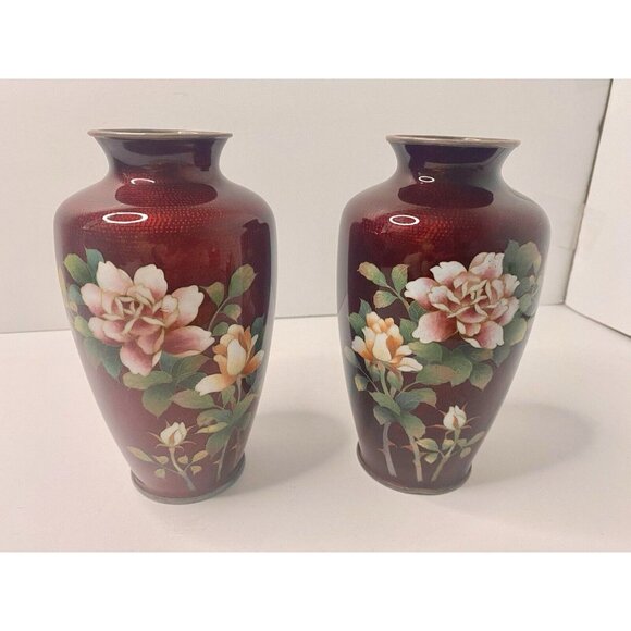 Japanese Pigeon Blood Red Cloisonné Floral Vase 7.5